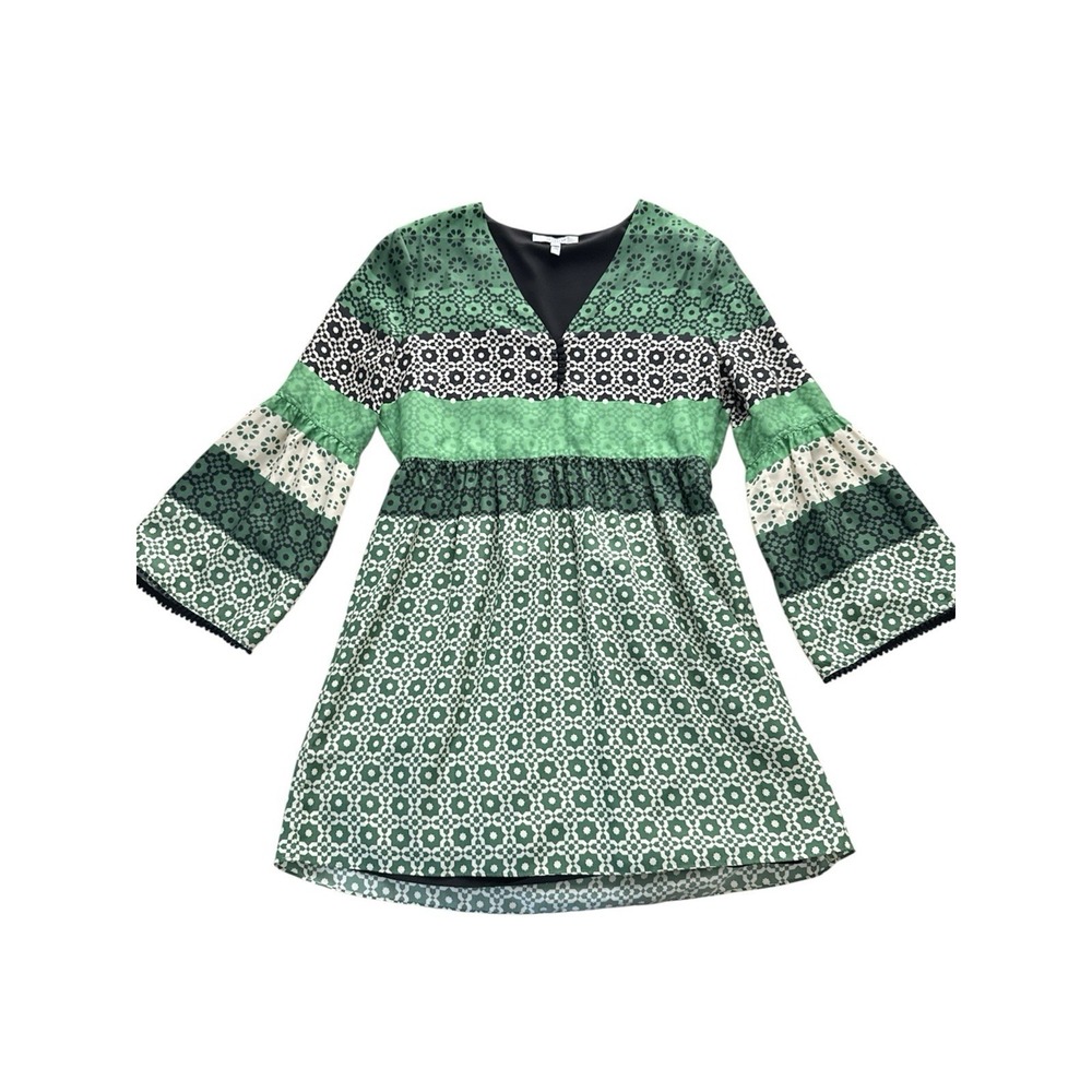 Derek Lam 10 Crosby Carnation Dress Size 12 Green Geometric Long Sleeve Silk
